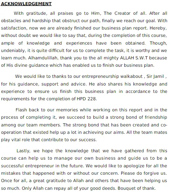 acknowledgement letter for business plan