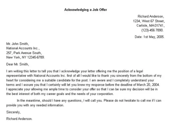 job acknowledgement letter